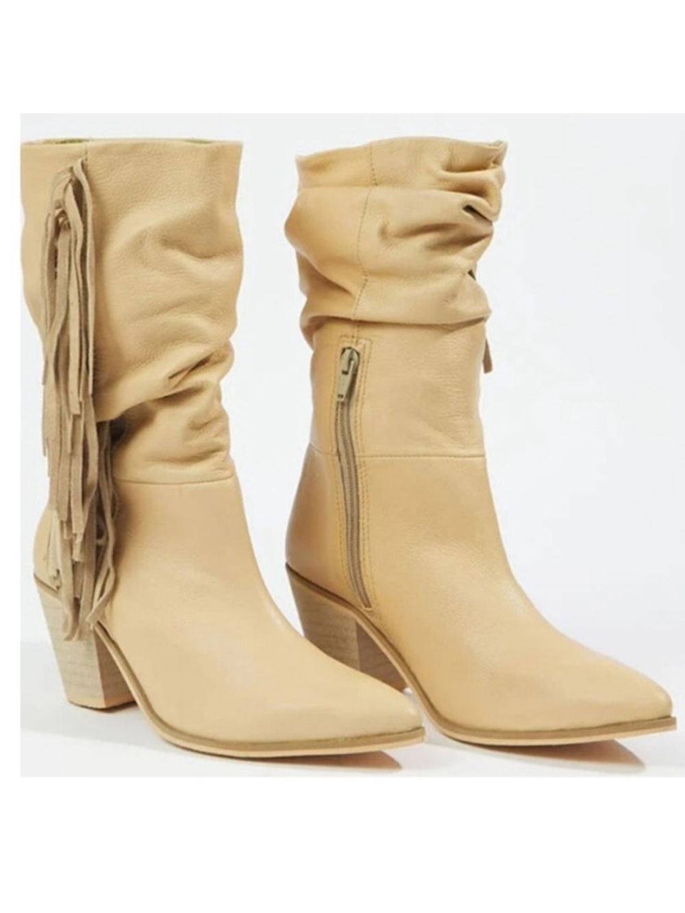 MATISSE BRIN FRINGE MID-CALF WESTERN LEATHER BOOTS SNIP TOE SLOUCHY SIZE 8 TAN